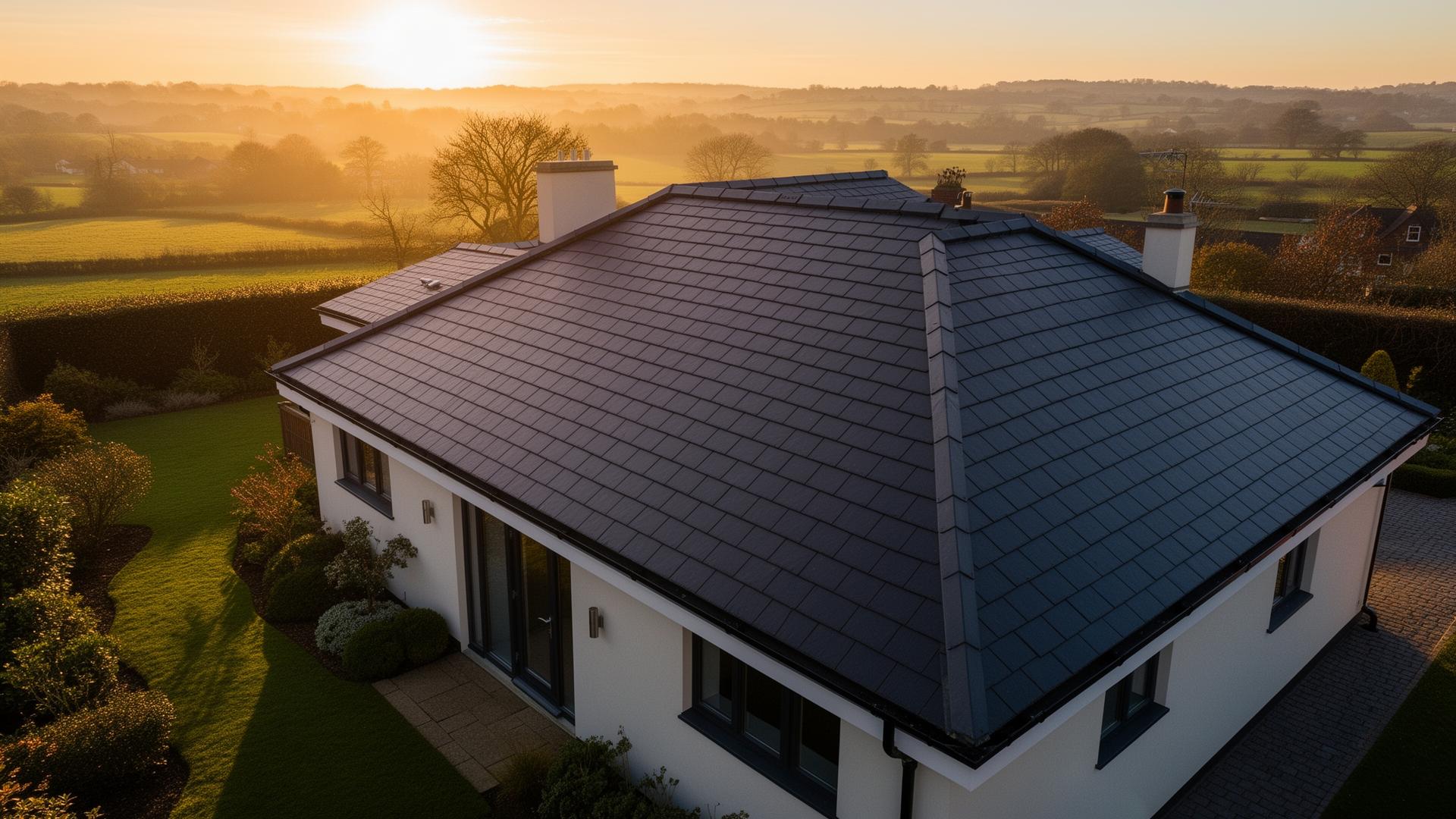Aerial drone view of newly completed natural slate roof on a detached UK home at sunset